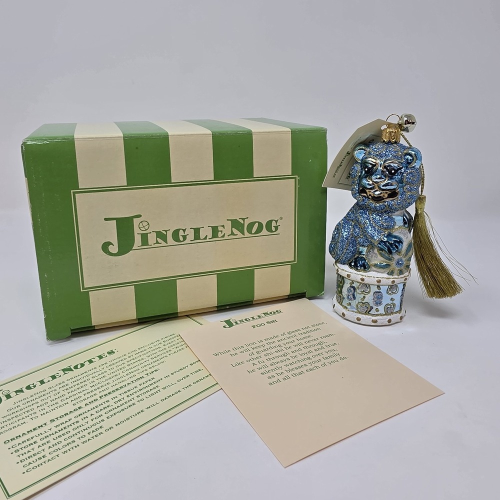 NIB JingleNog Foo Shi Blue Lion Ornament #80685 Hand Blown & Painted in Poland